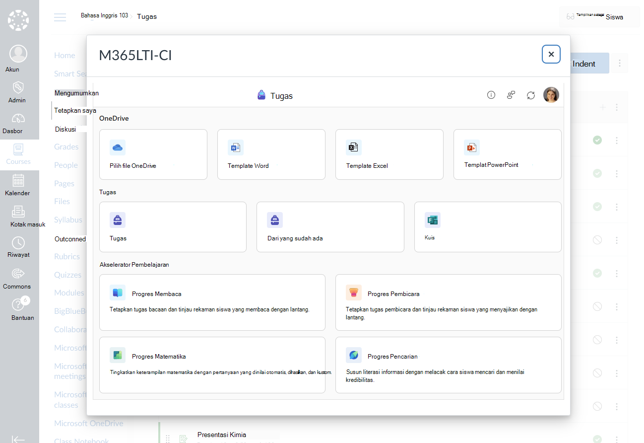 Pilih Microsoft education untuk dibuat untuk tugas atau modul Anda