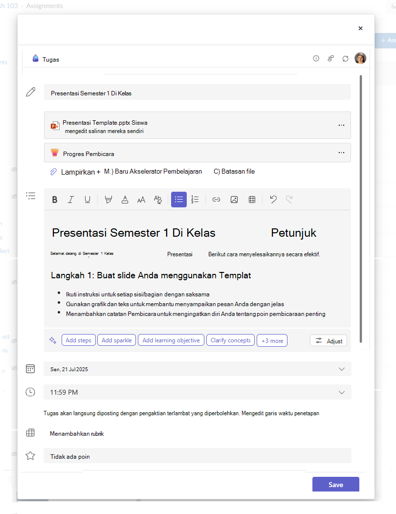 Dialog Buat Tugas Microsoft dengan teks