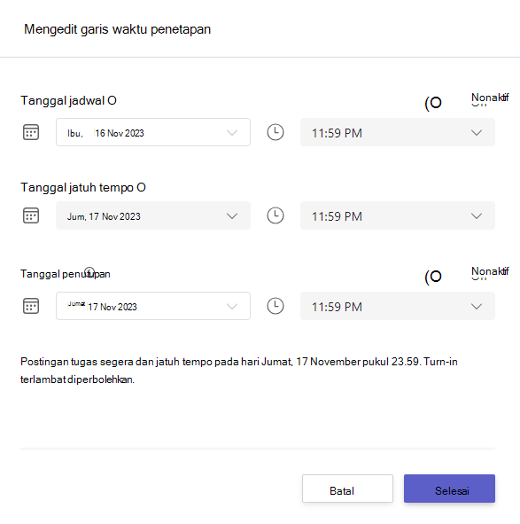 Cuplikan layar yang memperlihatkan edit lini masa tugas