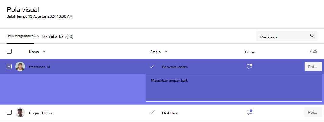 Cuplikan layar yang menampilkan umpan balik