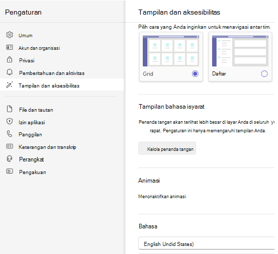 Cuplikan layar pilihan bahasa.