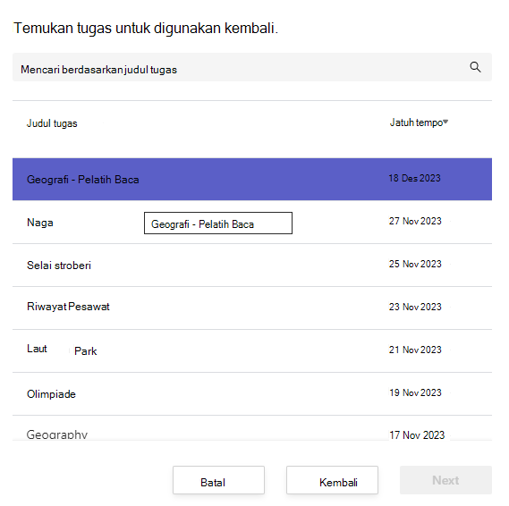 Cuplikan layar menemukan tugas untuk digunakan kembali.