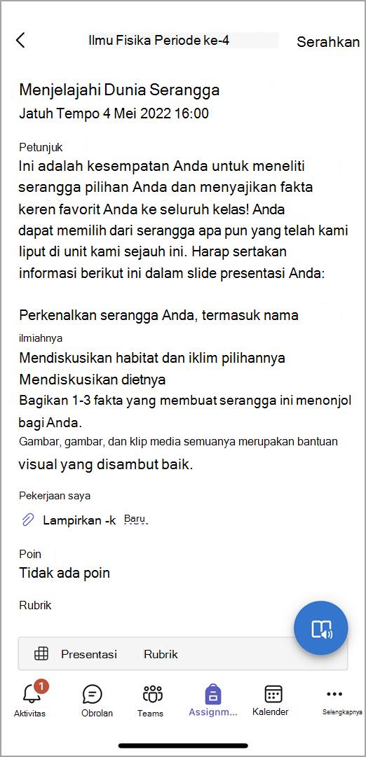 Cuplikan layar dari apa yang dilihat siswa saat mengirimkan tugas di Teams seluler.