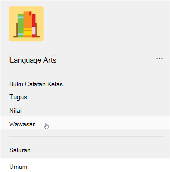 Cuplikan layar navigasi kiri di Teams, Daftar memperlihatkan buku catatan kelas, tugas, nilai, lalu wawasan.