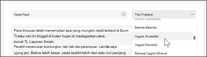 Cuplikan layar memperlihatkan menu menurun untuk memilih bahasa
