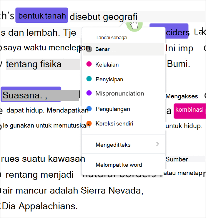 layar dropdown yang mengategorikan kesalahan, Anda dapat menandai kesalahan sebagai benar, kelalaian, penyisipan, kesalahan pengucapan, pengulangan, atau koreksi mandiri.