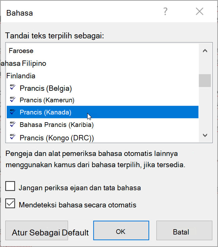Cuplikan layar dari Word. Popup mencantumkan bahasa yang dapat dipilih. Deteksi bahasa secara otomatis dicentang.