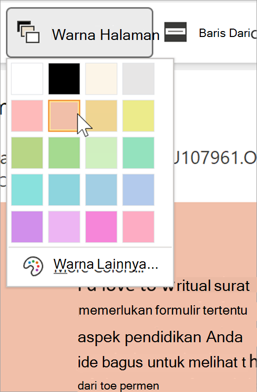 Cuplikan layar menu dropdown warna halaman untuk pembaca imersif. Palet warna ditampilkan, dan latar belakang yang terlihat di belakang menu dropdown berwarna oranye pastel