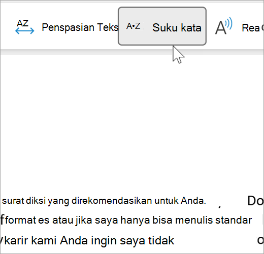 Cuplikan layar fitur Suku Kata pembaca imersif yang dipilih dan memperlihatkan beberapa kata dalam email yang dipisahkan menjadi suku kata. Kata rekomendasi ditampilkan sebagai rec dot om dot men dot da dot tion