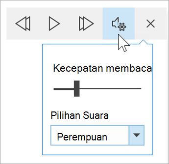 cuplikan layar toolbar opsi suara Pembaca imersif. Mouse mengarahkan kursor ke pengaturan, memperlihatkan tombol alih untuk kecepatan membaca dan menu menurun untuk pemilihan suara
