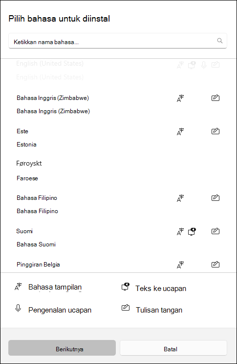 Cuplikan layar paket bahasa yang tersedia untuk diunduh di pengaturan Windows 10.