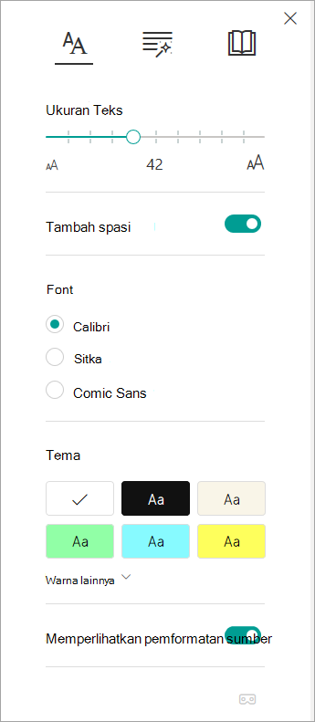 Opsi teks di Pembaca Imersif.