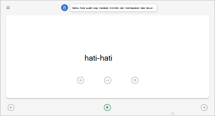 Tampilan layar penuh halaman pelatih baca siswa. Kata dengan hati-hati ditampilkan dengan tombol untuk memainkan kata, meregangkan kata, atau melihat gambar di bawahnya. Mikrofon hijau berada di bagian tengah bawah halaman.