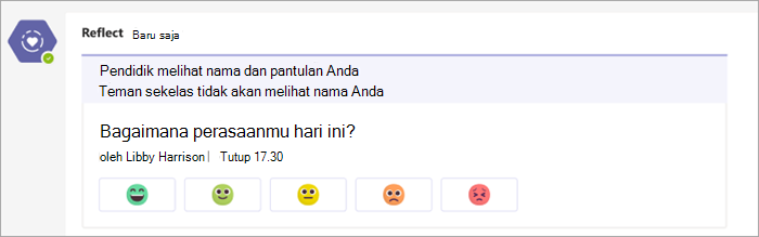 Cek-masuk seperti yang muncul di saluran teams kelas. 5 tombol emoji mulai dari yang sangat nyaman hingga yang sangat tidak nyaman di bawah pertanyaan check-in, bagaimana perasaan Anda hari ini?