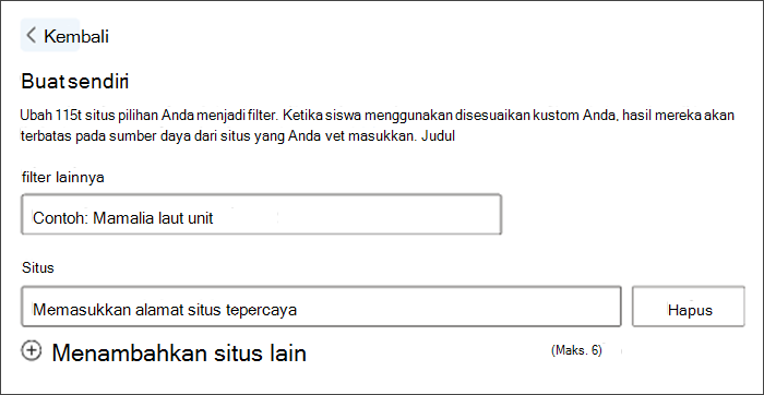 Cuplikan layar pembuatan filter kustom. Contoh judul filter mengatakan unit mamalia laut dan ada ruang terbuka di bawah ini untuk memasukkan situs pilihan Anda sendiri.