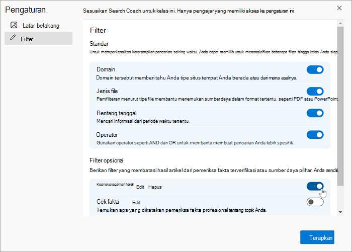 Cuplikan layar filter kustom seperti yang muncul di pengaturan filter setelah dibuat. Ini dapat diaktifkan dan dinonaktifkan.