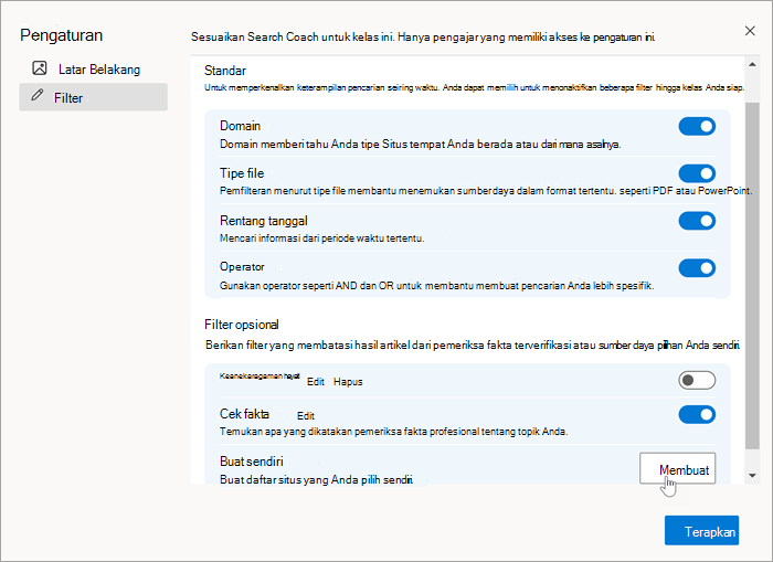 Cuplikan layar bagian filter di pengaturan dengan mouse memilih Buat di Buat sendiri