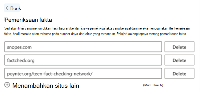 Cuplikan layar opsi pemeriksaan fakta di pengaturan. Tiga situs pemeriksaan fakta default terdaftar - mereka dapat dihapus dan yang lain dapat ditambahkan untuk memenuhi kebutuhan guru.