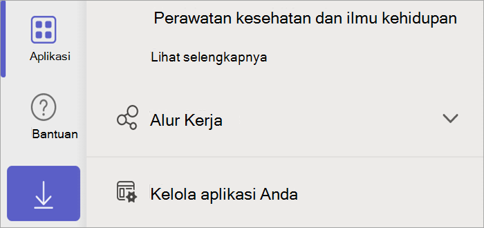 Cuplikan layar Teams memperlihatkan tombol aplikasi, yang mengungkapkan tombol Kelola aplikasi Anda.