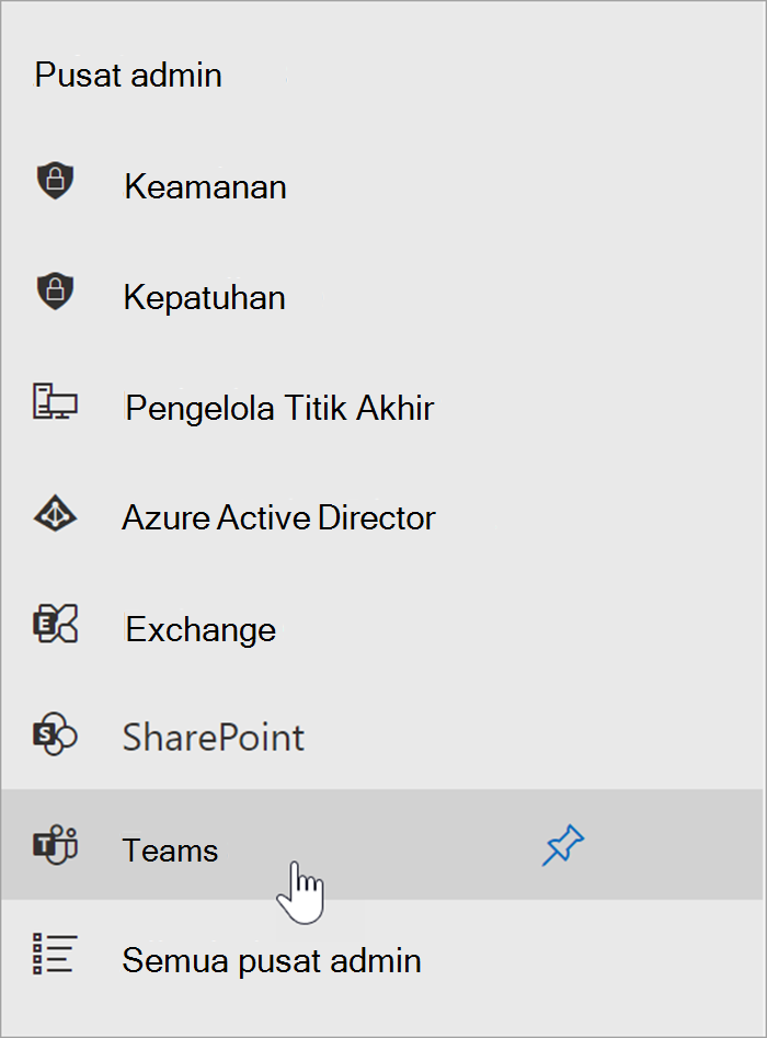 Cuplikan layar pusat admin Microsoft 365 dengan kursor mengarahkan kursor ke titik entri untuk pusat admin Teams.