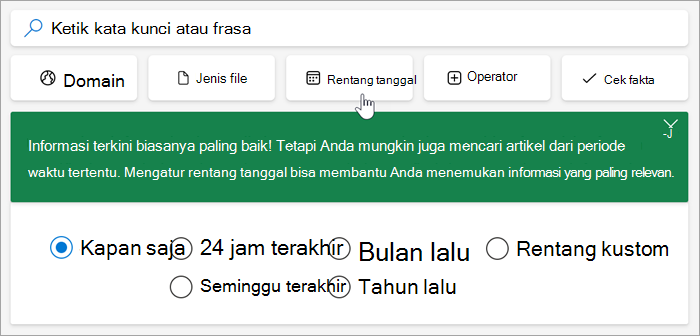 Cuplikan layar opsi rentang tanggal, 24 jam terakhir, minggu lalu, bulan lalu, tahun lalu, rentang kustom.