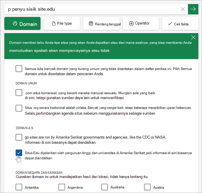 Cuplikan layar drop-down pilihan domain. Opsi tercantum dengan penjelasan (mirip dengan yang ada dalam artikel).