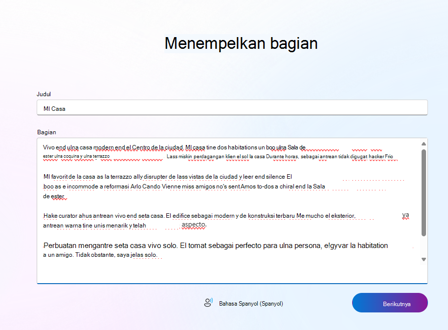 Cuplikan layar contoh bahasa Spanyol.