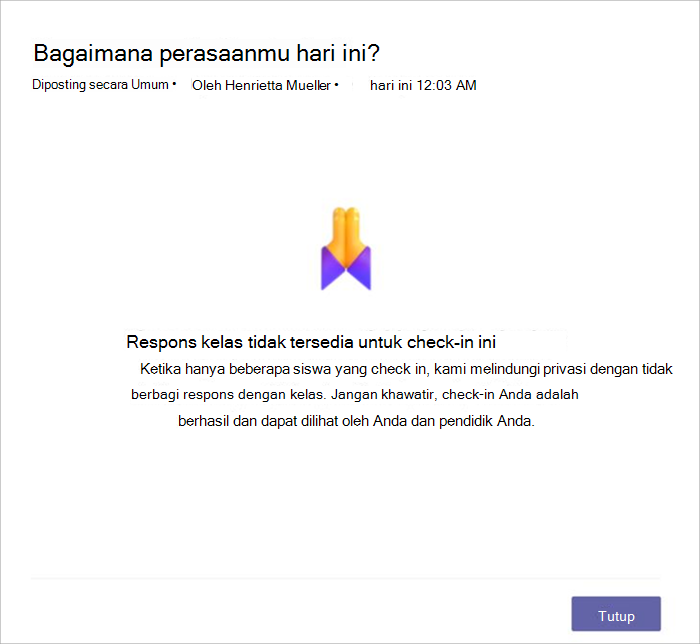 cuplikan layar tampilan siswa ketika peninjauan tidak tersedia untuk dibagikan karena terlalu sedikit siswa yang merespons. Laporan ini menjelaskan bahwa kami tidak berbagi karena alasan privasi.