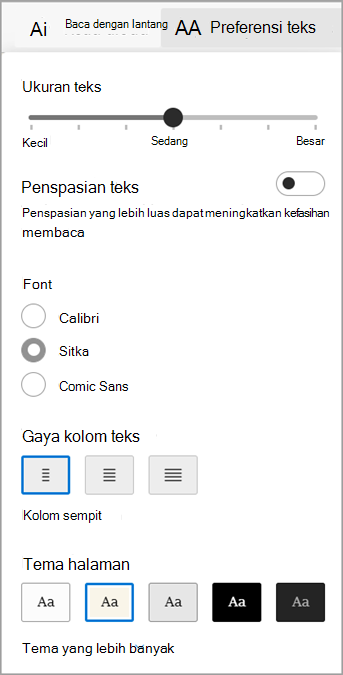 Preferensi teks di Pembaca Imersif untuk Microsoft Edge.