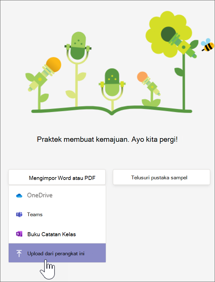 Cuplikan layar memperlihatkan menu menurun setelah memilih Unggah kata dari PDF