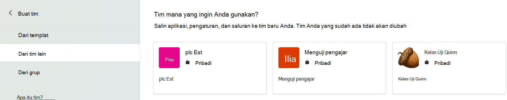 Cuplikan layar yang memperlihatkan pilih tim untuk menyalin aplikasi, pengaturan, dan saluran.