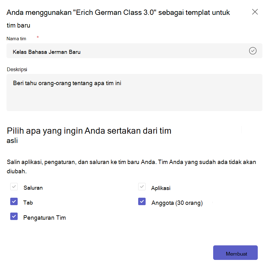 Cuplikan layar yang menunjukkan buat tim baru dari templat tim yang sudah ada dan pilih konten untuk disalin.