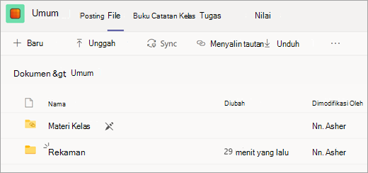 Tab Files tim kelas dengan folder Rekaman