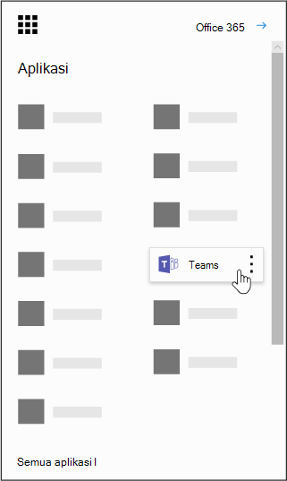 Peluncur aplikasi Office 365 dengan aplikasi Microsoft Teams disorot