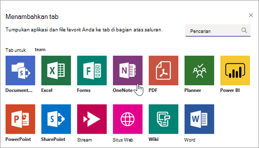 Menambahkan OneNote sebagai tab di dalam tim.