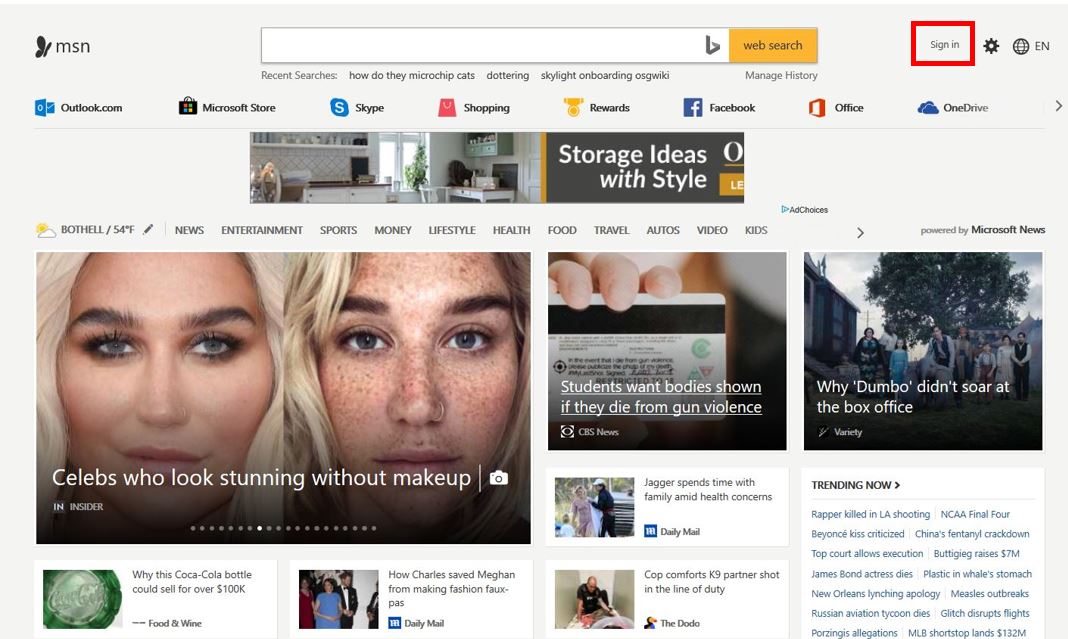 Laman MSN, masuk ke kanan atas
