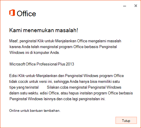 Kesalahan saat mencoba menginstal Click-to-Run melalui instalasi MSI