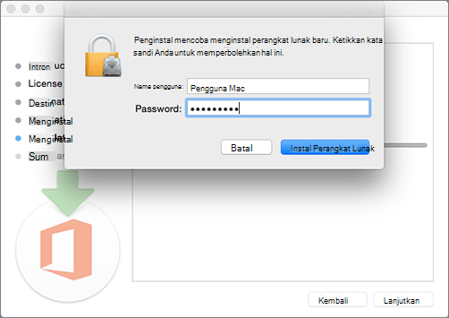 Masukkan kata sandi admin Anda untuk memulai penginstalan