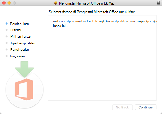 Layar penginstalan Pertama Mac 2016 dengan Lanjutkan disorot