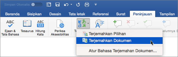 Tab Peninjauan dengan Terjemahkan Dokumen disorot
