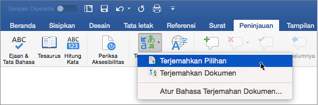 Tab Peninjauan dengan Terjemahkan Pilihan disorot