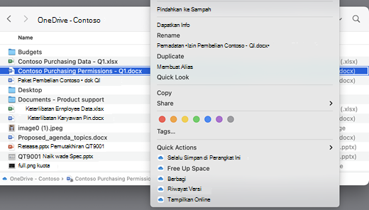 Memperlihatkan layar OneDrive dengan menu yang terbuka.