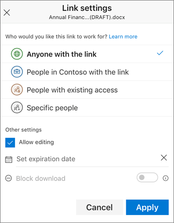 Opsi berbagi tautan untuk OneDrive for Business di aplikasi seluler iOS