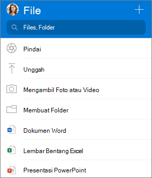 Cuplikan layar menu Tambahkan di aplikasi OneDrive untuk iOS