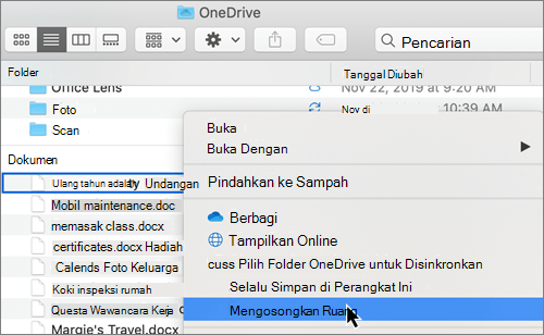 Cuplikan layar opsi OneDrive Files Sesuai Permintaan di Finder di Mac