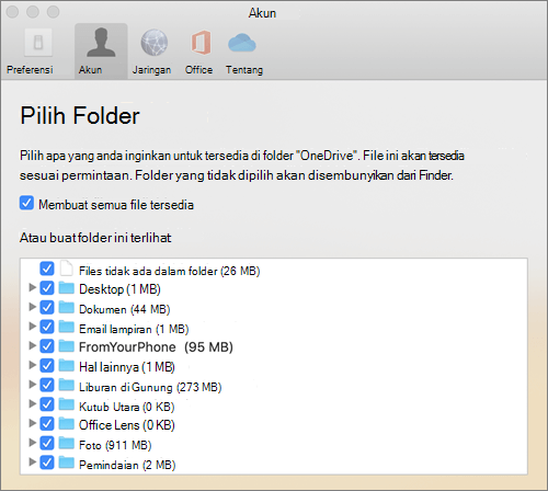Kotak dialog Pilih Folder di bawah jendela Preferensi OneDrive untuk Mac