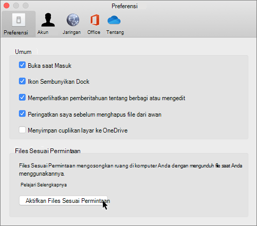 Cuplikan layar Preferensi di Mac untuk OneDrive Files Sesuai Permintaan