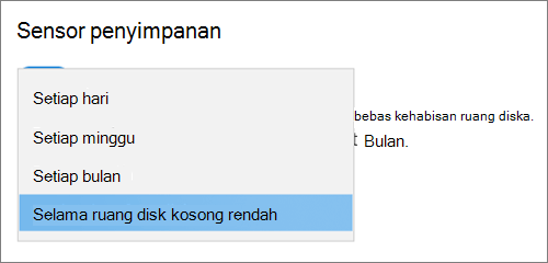 menu turun bawah Penyimpanan Windows 10 memilih frekuensi untuk menjalankan Sensor Penyimpanan