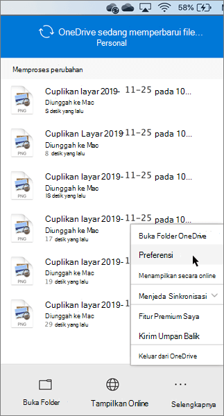 Tangkapan layar pengaturan preferensi pribadi OneDrive