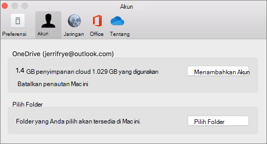 Cuplikan layar menambahkan akun di preferensi OneDrive di Mac